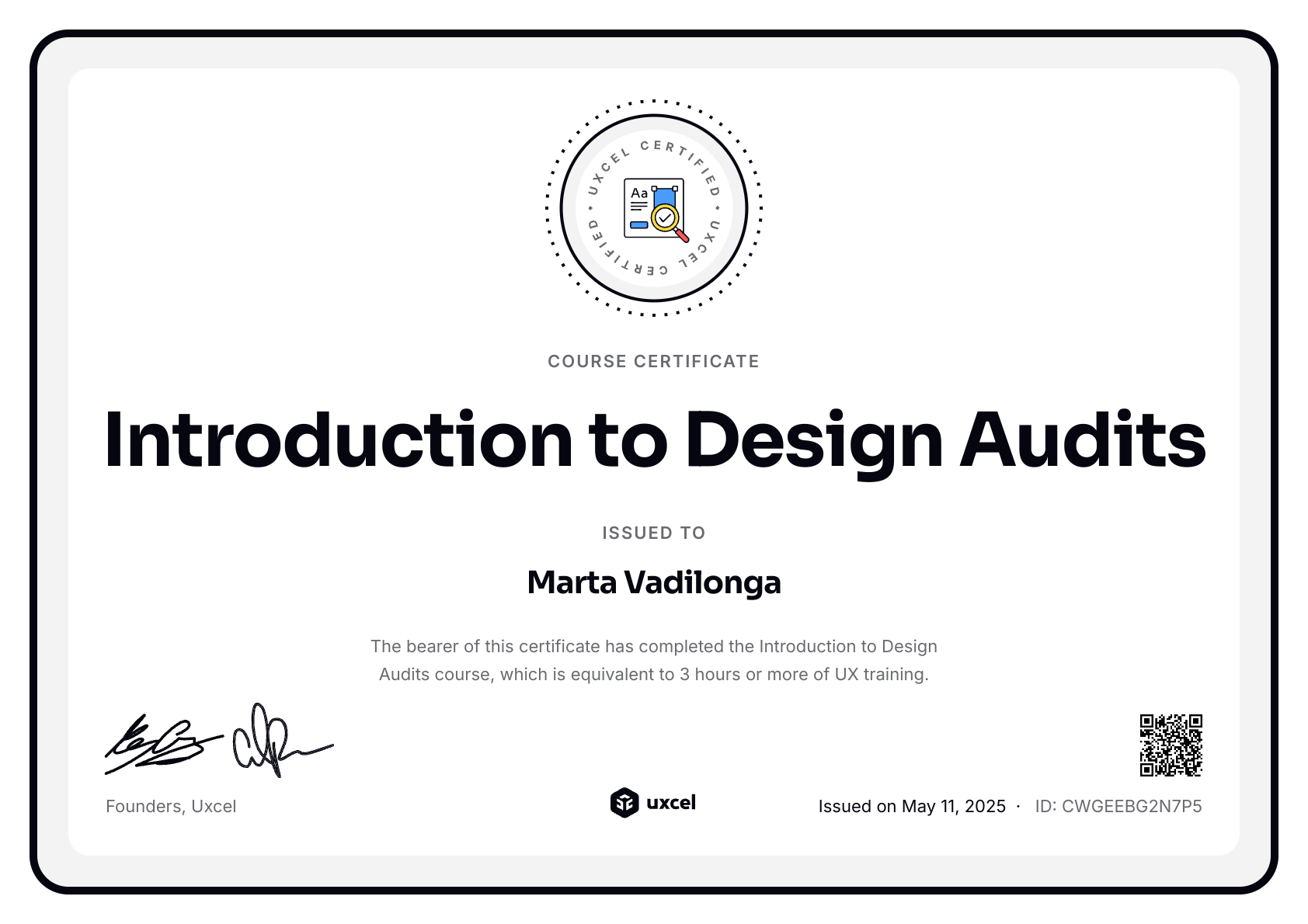 Marta Vadilonga's certificate